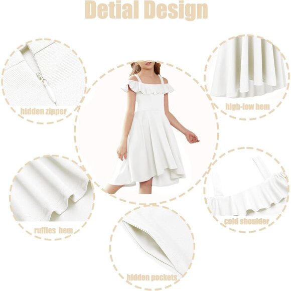 🆕Girls White Polyester Off Shoulder Flutter Sleeve Midi Dress with Pocket - Picture 8 of 8